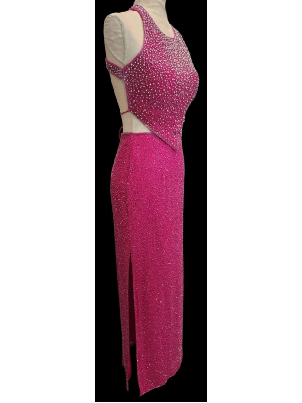 Vintage 90s Y2K Andretta Donatello Hot Pink Beaded Silk Halter Evening Gown XS